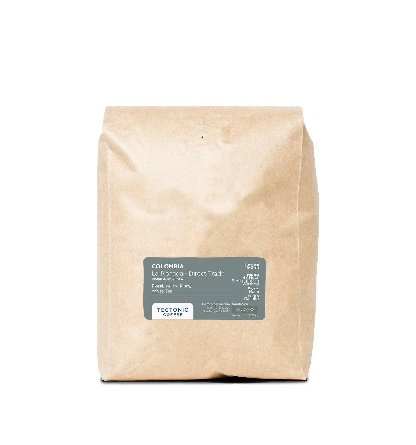 5lb Kraft paper coffee bag with a label on a white background
