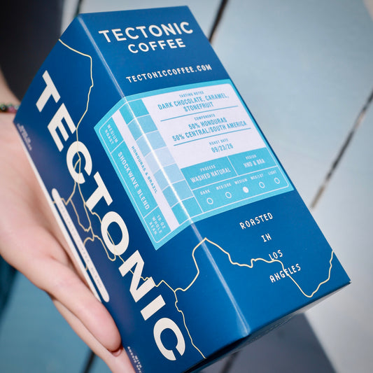 Illustrative Tectonic Coffee 10oz blend packaging; rotating subscription coffee varies by delivery