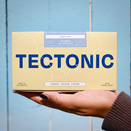 Tectonic Coffee Colombia Finca Las Mercedes 10oz packaging, front view; whole bean packaging shown.
