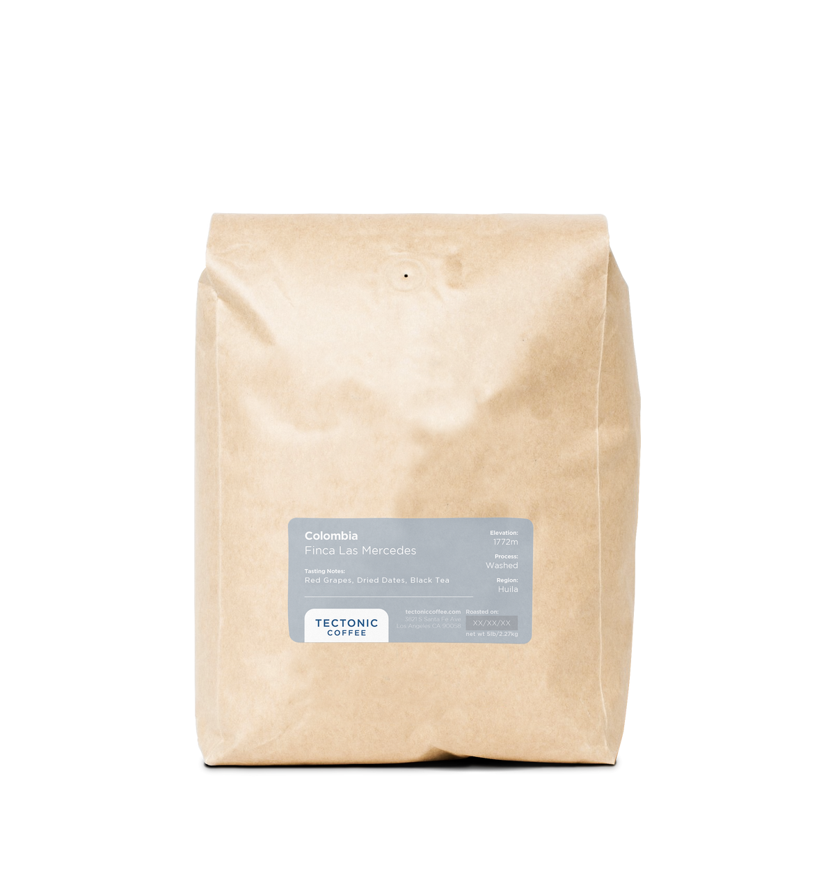 Five-pound bag of Tectonic Coffee Colombia Finca Las Mercedes washed coffee.