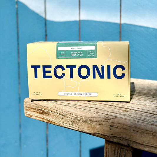 Tectonic Coffee Costa Rica Finca La Lia 10oz packaging, front view; whole bean packaging shown.