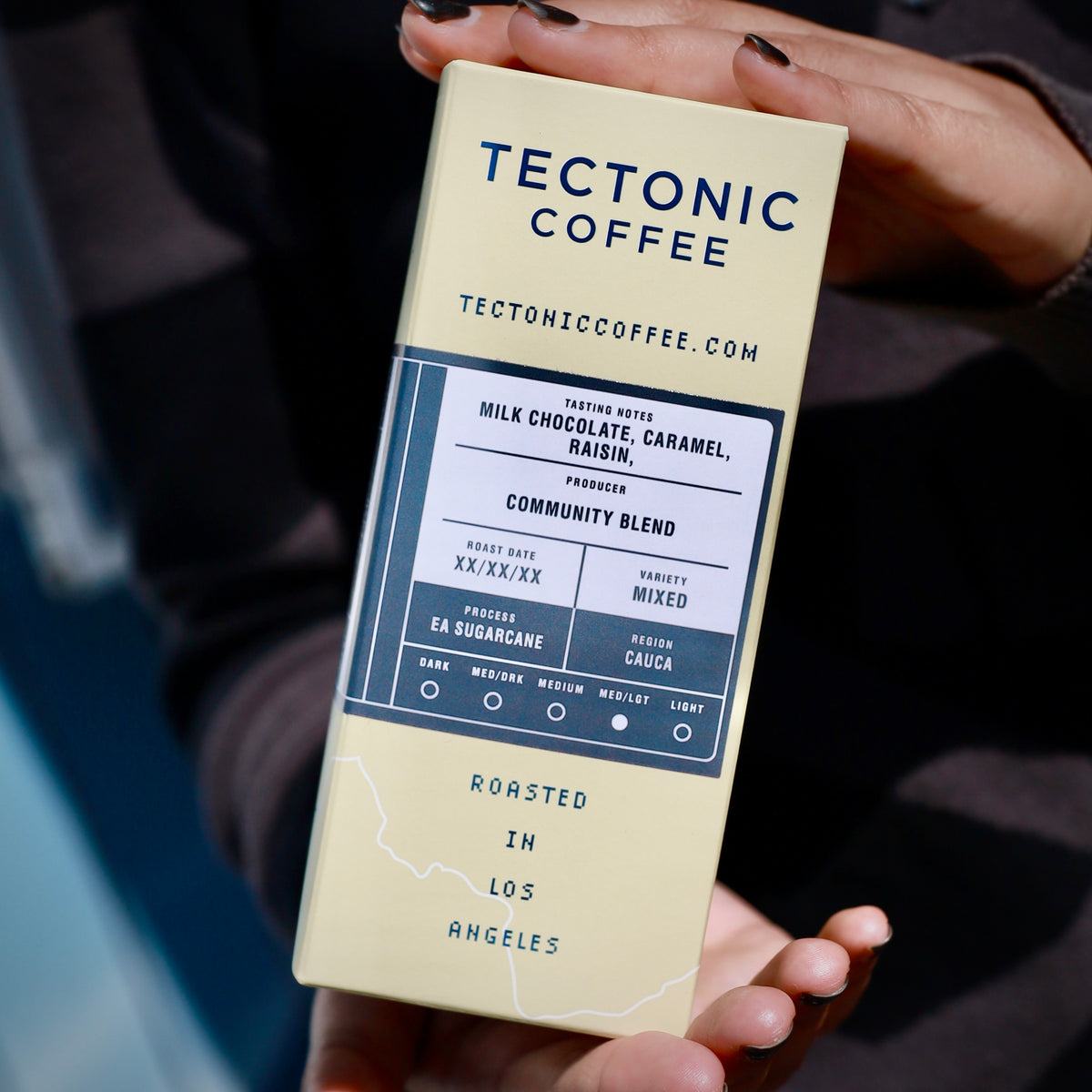 Tectonic Coffee DECAF Colombia Cauca 10oz packaging, alternate view; whole bean packaging shown.