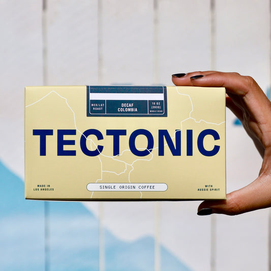 Tectonic Coffee DECAF Colombia Cauca 10oz packaging, front view; whole bean packaging shown.