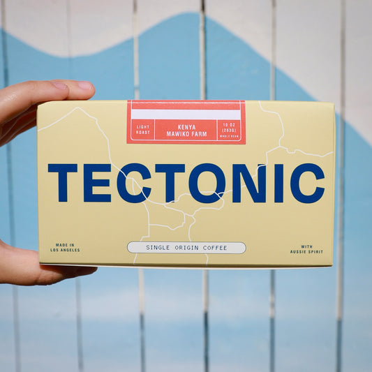 Tectonic Coffee Kenya Mawiko Farm 10oz packaging, front view; whole bean packaging shown.