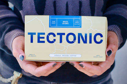 Tectonic Coffee Seismic Brazil dark roast 10oz packaging, front view; whole bean packaging shown.
