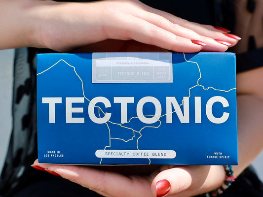 Tectonic Coffee Tectonic Blend 10oz box held in two hands; whole bean packaging shown