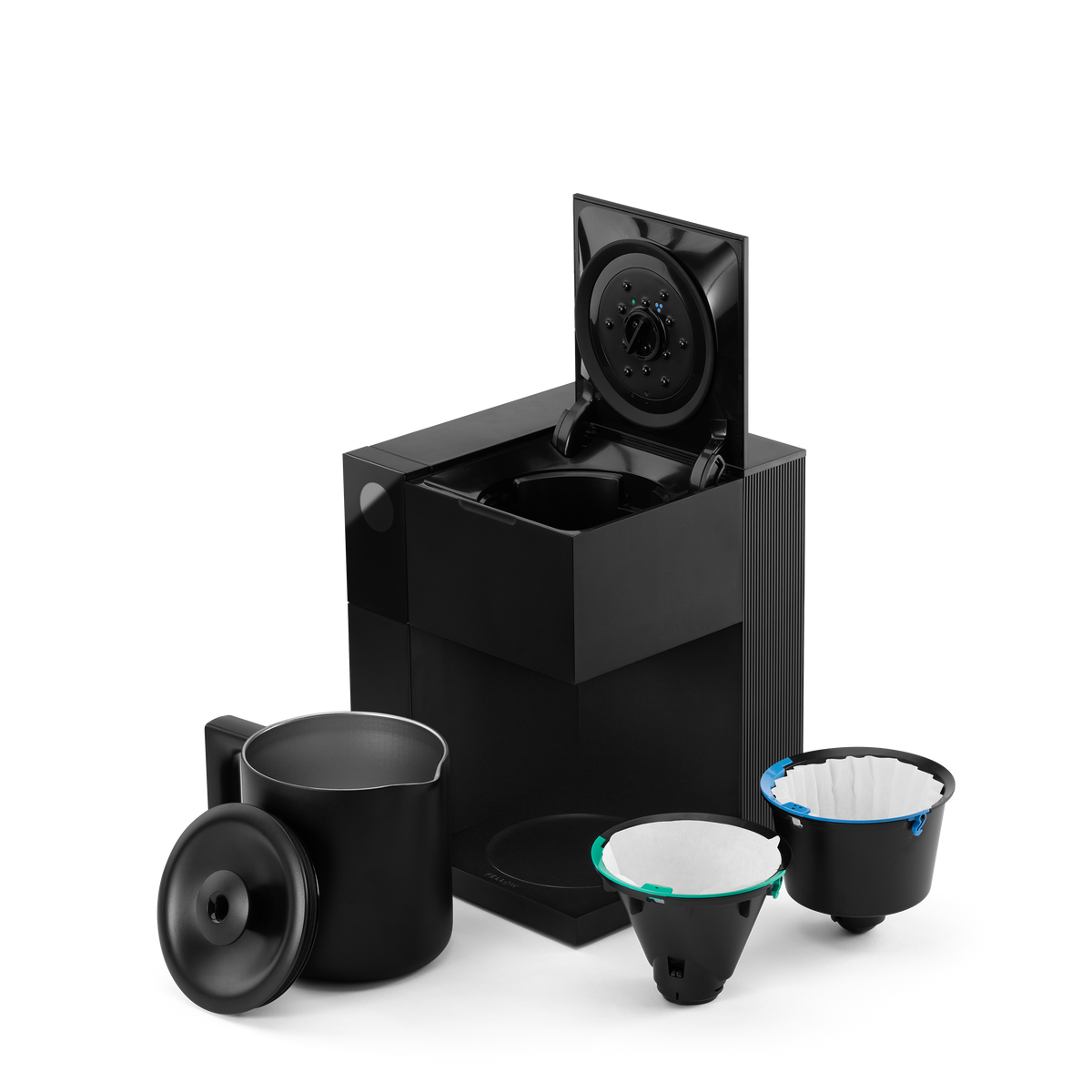 Fellow Aiden with thermal carafe and single-serve and batch brew baskets