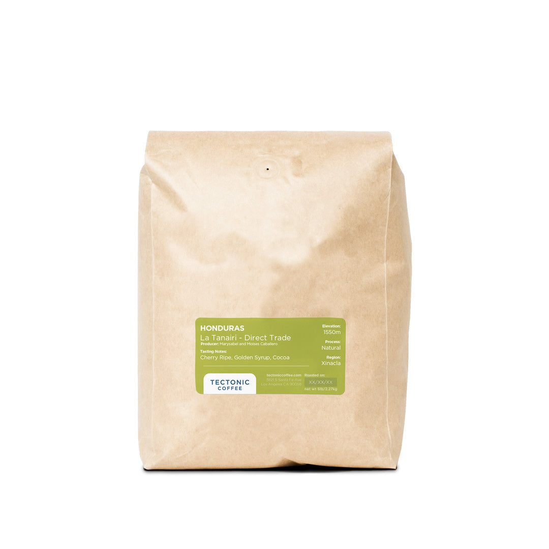 5 lb bag of Tectonic Honduras La Tanairi Natural coffee on a white background.