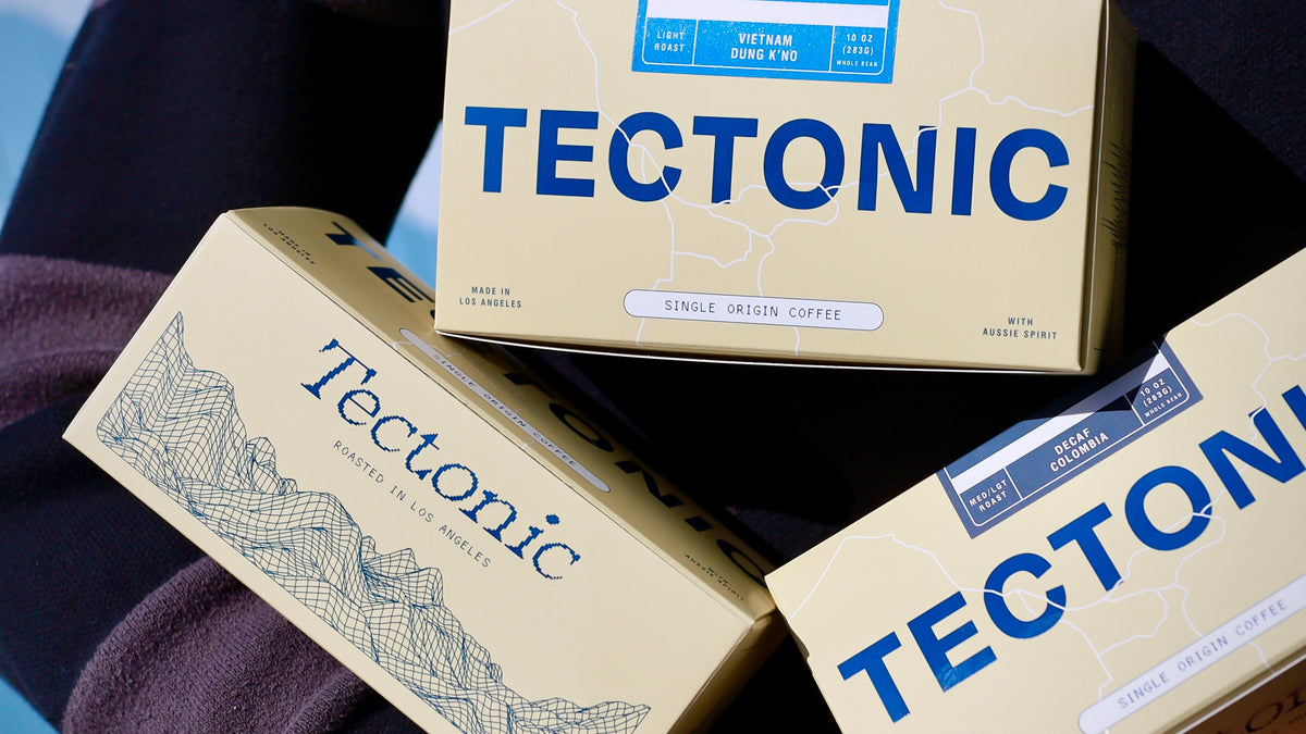 New cream Tectonic Coffee 10oz single-origin boxes held together